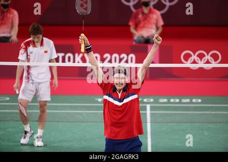 Tokyo, Japan. 31st July, 2021. Viktor Axelsen of Denmark celebrates after the Tokyo 2020 men's singles quarterfinal of badminton in Tokyo, Japan, July 31, 2021. Credit: Cao Can/Xinhua/Alamy Live News Stock Photo