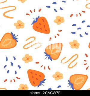 Naive orange strawberry seamless pattern. Hand drawn lines and doodles. Pastel texture in flat style. Stock Vector