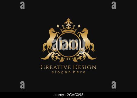 DO Retro golden crest with circle and two horses, badge template with scrolls and royal crown - perfect for luxurious branding projects Stock Vector
