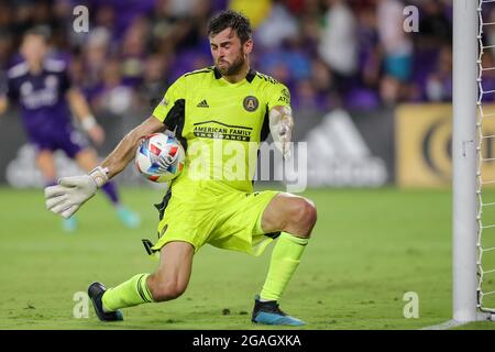 Orlando, USA. 30th July, 2021. July 30, 2021: Atlanta United goalkeeper ALEC KANN (25) makes a save during the MLS Orlando City vs Atlanta United soccer match at Exploria Stadium in Orlando, Fl on July 30, 2021. (Credit Image: © Cory Knowlton/ZUMA Press Wire) Credit: ZUMA Press, Inc./Alamy Live News Stock Photo