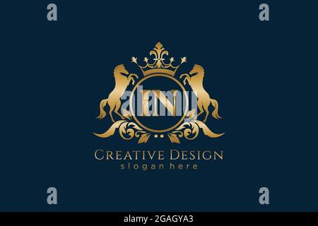 IN Retro golden crest with circle and two horses, badge template with scrolls and royal crown - perfect for luxurious branding projects Stock Vector