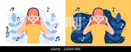 Woman in Headphones Listening and Enjoying Music. Relaxing Concept. Stock Vector