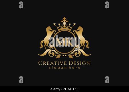 MK Retro golden crest with circle and two horses, badge template with scrolls and royal crown - perfect for luxurious branding projects Stock Vector