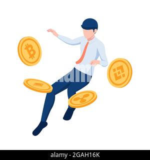 Flat 3d Isometric Businessman Floating with Cryptocurrency Coin Symbol. Cryptocurrency Investment and Blockchain Technology Concept. Stock Vector