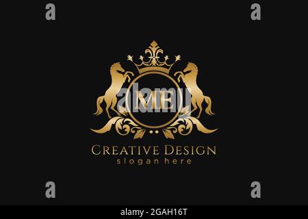 ME Retro golden crest with circle and two horses, badge template with scrolls and royal crown - perfect for luxurious branding projects Stock Vector