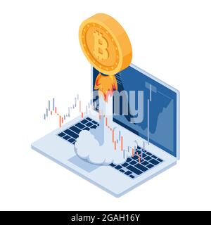 Flat 3d Isometric Bitcoin Rocket Flying Up From Laptop. High Growth Value of Bitcoin and Cryptocurrency Concept. Stock Vector