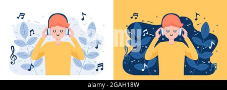 Man in Headphones Listening and Enjoying Music. Relaxing Concept. Stock Vector