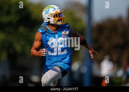 Los Angeles Chargers safety Alohi Gilman performs a drill during training camp at the Jack Hammett Sports Complex, Thursday, July 20, 2021, in Costa Mesa, Calif. (Brandon Sloter/Image of Sport) Stock Photo