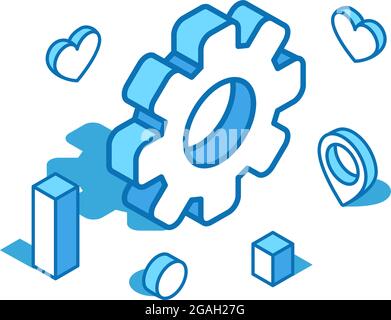 Gear blue line isometric illustration. Engineering, robot technology 3D banner template. Stock Vector
