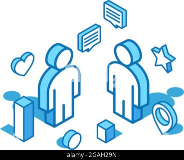 Team blue line isometric illustration. People group, partnership 3D banner template. Stock Vector