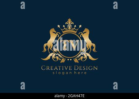 TV Retro golden crest with circle and two horses, badge template with scrolls and royal crown - perfect for luxurious branding projects Stock Vector