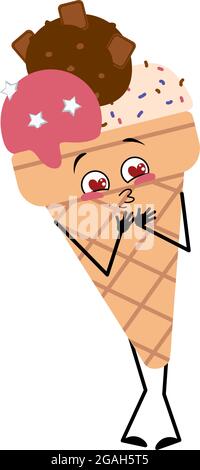 Cute ice cream character falls in love with eyes hearts Stock Vector