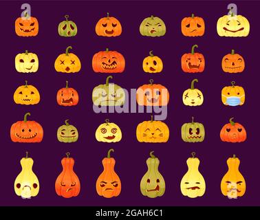 Set of different Jack-o-lantern faces expressions. Halloween party pumpkin carving on purple background. Stock Vector