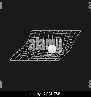 The sphere distorts space. Retrofuturistic design element. Gravity concept. Distorted grid with the sphere in cyberpunk 80s style. Retro design Stock Vector