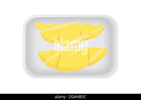 Top view of fruit product durian on plastic tray package. Fresh tropical fruit durian product. Vector and illustration design. Stock Vector