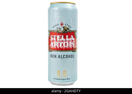 Tyumen, Russia-April 26, 2021: Stella Artois non alcoholic beer can logo close up. great Belgium beer Stock Photo