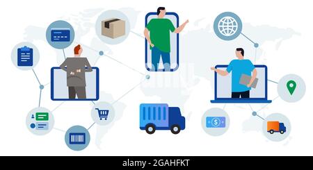 Delivery system global logistics worldwide commerce transaction connected international package shipping network Stock Vector