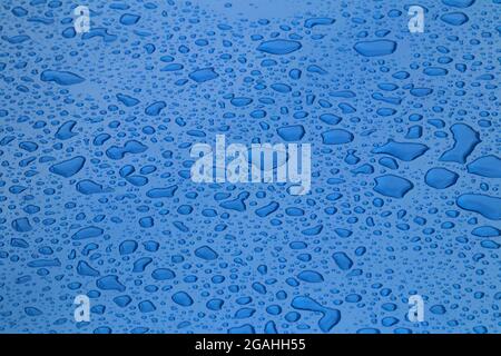 Drops of water on blue surface Stock Photo