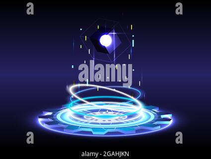 Abstract background. Portal and hologram science futuristic. Sci-fi digital hi-tech in glowing HUD projector. Magic gate in game fantasy. Circle telep Stock Vector