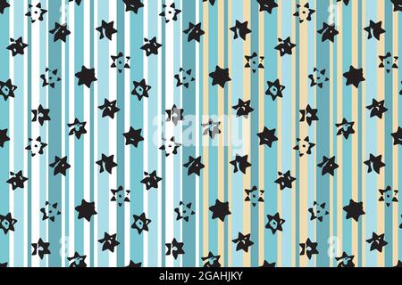 Stars, stripes seamless pattern. High quality trace images, black ink ikat grunge silhouettes, backdrop in blue, green vertical lines. White, yellow Stock Vector