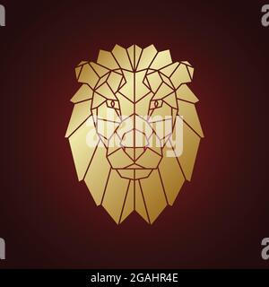 Golden lion head, geometric silhouette isolated on dark background. Lion low poly portrait. Vector illustration. Stock Vector