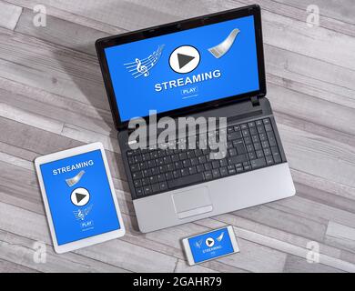 Streaming concept shown on different information technology devices Stock Photo