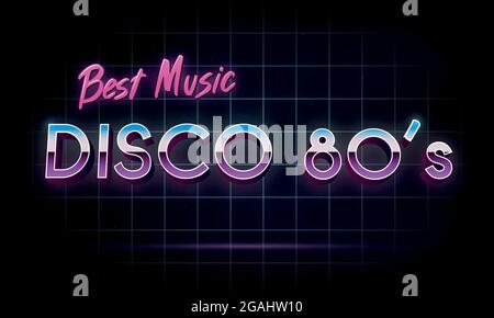 Disco 80's best music - banner. Retro 1980's neon grid in space. Vector illustration. Stock Vector