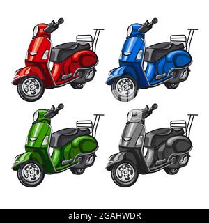 Illustration of the mopeds in a different colors on the white background Stock Vector