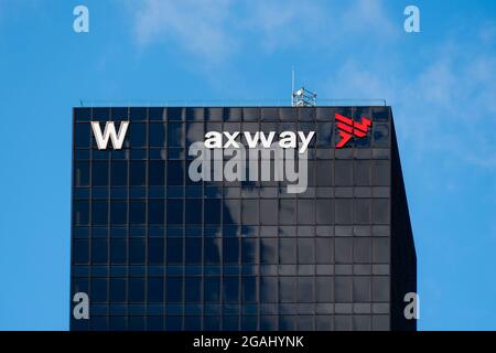 Exterior view of the headquarters of Axway Software France, an information technology company located in the W tower of the Paris-La Défense Stock Photo