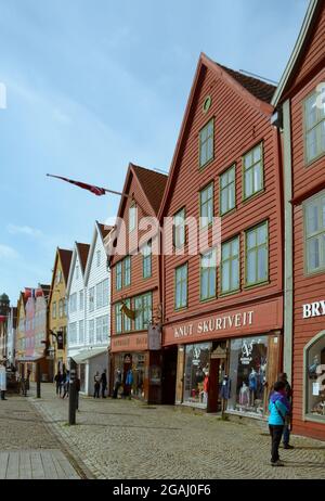 Bergen, Norway - 24th May, 2017: Traditional and colorful wooden buildings on the hanseatic wharf in the city of Bergen. Stock Photo