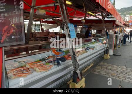 Bergen, Norway - 24th May, 2017: Crabs and other seafood on display at Bergen's famous fish market. Stock Photo