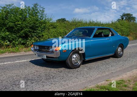 1973 70s seventies blue Celica ST Coupe en-route to Capesthorne Hall classic July car show, Cheshire, UK Stock Photo