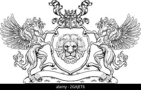 Crest Pegasus Horses Coat of Arms Lion Shield Seal Stock Vector