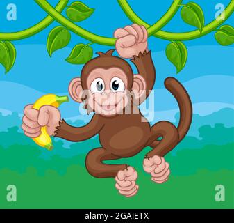 Monkey Singing On Jungle Vines With Banana Cartoon Stock Vector