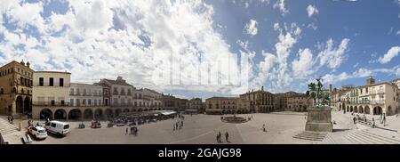 Plaza Mayor of Trujillo, Extremadura, Spain, City of Francisco Pizarro, Spanish Conquistador with his statue Stock Photo