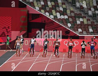 Tokyo, Japan. 31st July, 2021. Athletes prepare for the men's 100m heats at Tokyo 2020 Olympic Games, in Tokyo, Japan, July 31, 2021. Credit: Jia Yuchen/Xinhua/Alamy Live News Stock Photo