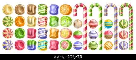 Vector set of Candies, lot collection of cut out illustrations of different vivid candy and cute cartoon jelly, banner with group of isolated tasty fr Stock Vector