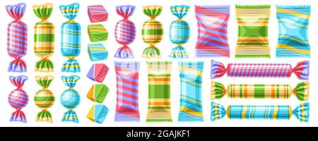 Vector set of Candies, collection of cut out illustrations of different vivid candy and cute cartoon jelly, banner with group of isolated tasty fruit Stock Vector