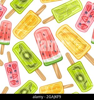Vector Fruit Popsicle Seamless Pattern, square repeating fruit ice cream background for kids textile, poster with cut out illustrations of different c Stock Vector