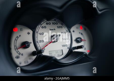 car interior dashboard details. Speedometr close up . Soft focus Stock Photo