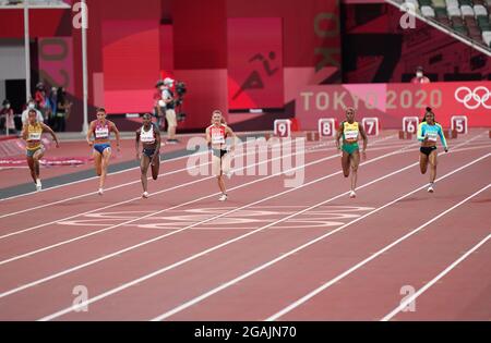 Tokyo, Japan. 31st July, 2021. 31st July 2021; Olympic Stadium, Tokyo, Japan: Tokyo 2020 Olympic summer games day 8; Womens 100m semi-final. Jamaica's THOMPSON-HERAH Elaine wins the heat followed closely by del PONTE Ajla of Switzerland as Great Britains Dina Asher-Smith finishes 3rd and is eliminated from final Credit: Action Plus Sports Images/Alamy Live News Stock Photo