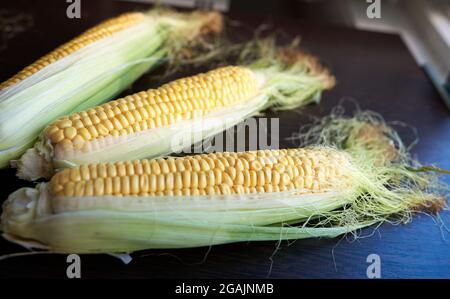 Four golden ears of corn with leaves. Low key. Top view Stock Photo
