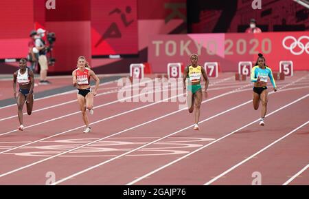 Tokyo, Japan. 31st July, 2021. 31st July 2021; Olympic Stadium, Tokyo, Japan: Tokyo 2020 Olympic summer games day 8; Womens 100m semi-final. Jamaica's THOMPSON-HERAH Elaine wins the heat followed closely by del PONTE Ajla of Switzerland as Great Britains Dina Asher-Smith finishes 3rd and is eliminated from final Credit: Action Plus Sports Images/Alamy Live News Stock Photo