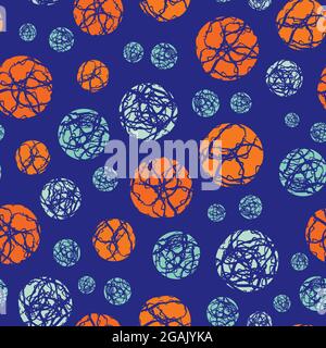 Marble effect circles vector seamless pattern background. Scattered marbling stencil style circle round shapes backdrop in neon indigo orange blue Stock Vector