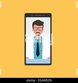 Online doctor consultation on the phone, yellow background. Stock vector Stock Vector