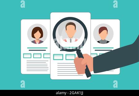 Employees and office workers are being chosen with magnifying glass. Stock Vector