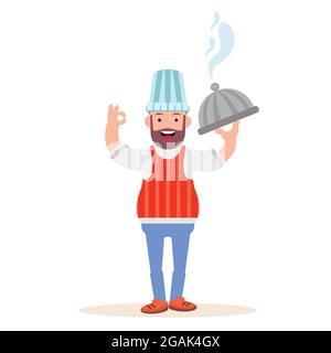 Chef stands withholding the recipe in hand Stock Vector