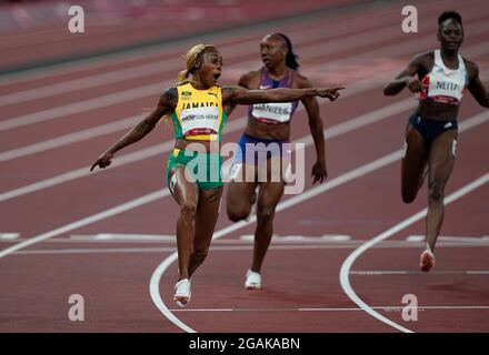 July 31, 2021: Elaine Thompson-Herah wins the gold in 100 meter for women in 9.61, Olympic record, at the Tokyo Olympics, Tokyo Olympic stadium, Tokyo, Japan. Kim Price/CSM Stock Photo