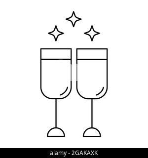 Champagne glasses vector outline icon isolated on white background. Wedding toasting, wine glasses with sparkling. Linear sign celebration. Stock Vector