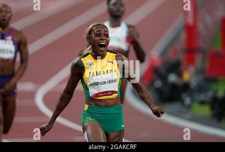 July 31, 2021: Elaine Thompson-Herah wins the gold in 100 meter for women in 9.61, Olympic record, at the Tokyo Olympics, Tokyo Olympic stadium, Tokyo, Japan. Kim Price/CSM Stock Photo